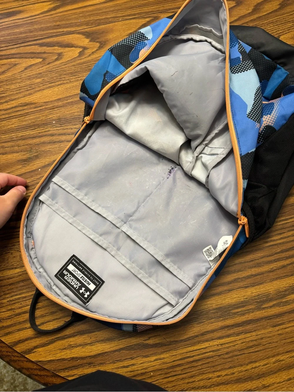 Under Armour Blue Camo Backpack with Orange Bungee